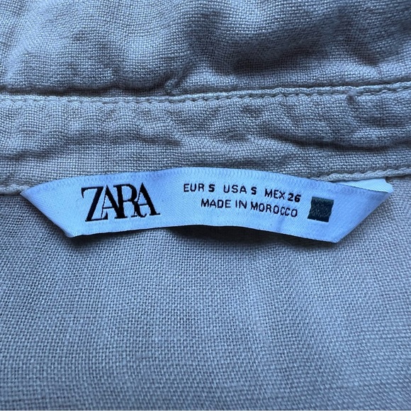 Zara Sz S Tan 100% Linen Button Up Shirt Cropped Short Sleeve Boxy Collared Top - Picture 5 of 17